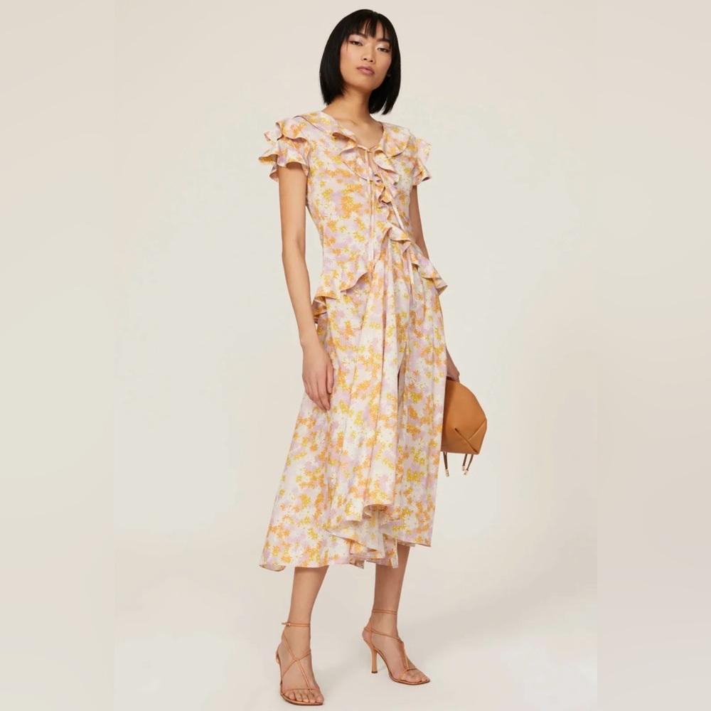 Rokh Ruffle Ribbon Dress floral high slit midi dress Women’s sz 38/4-6